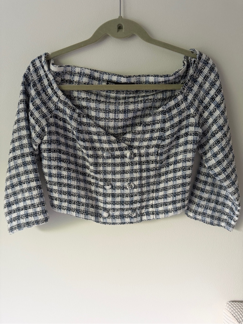 Zara Navy and White Tweed Cropped Button-Front Top